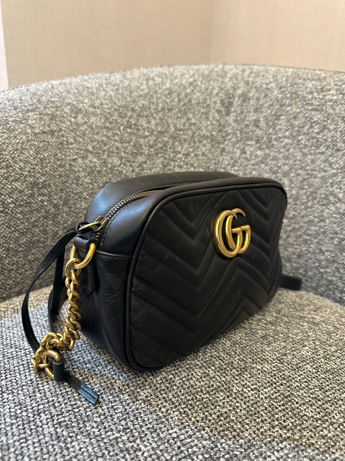 Gucci GG Marmont Camera Bag in Black Matelassé Leather