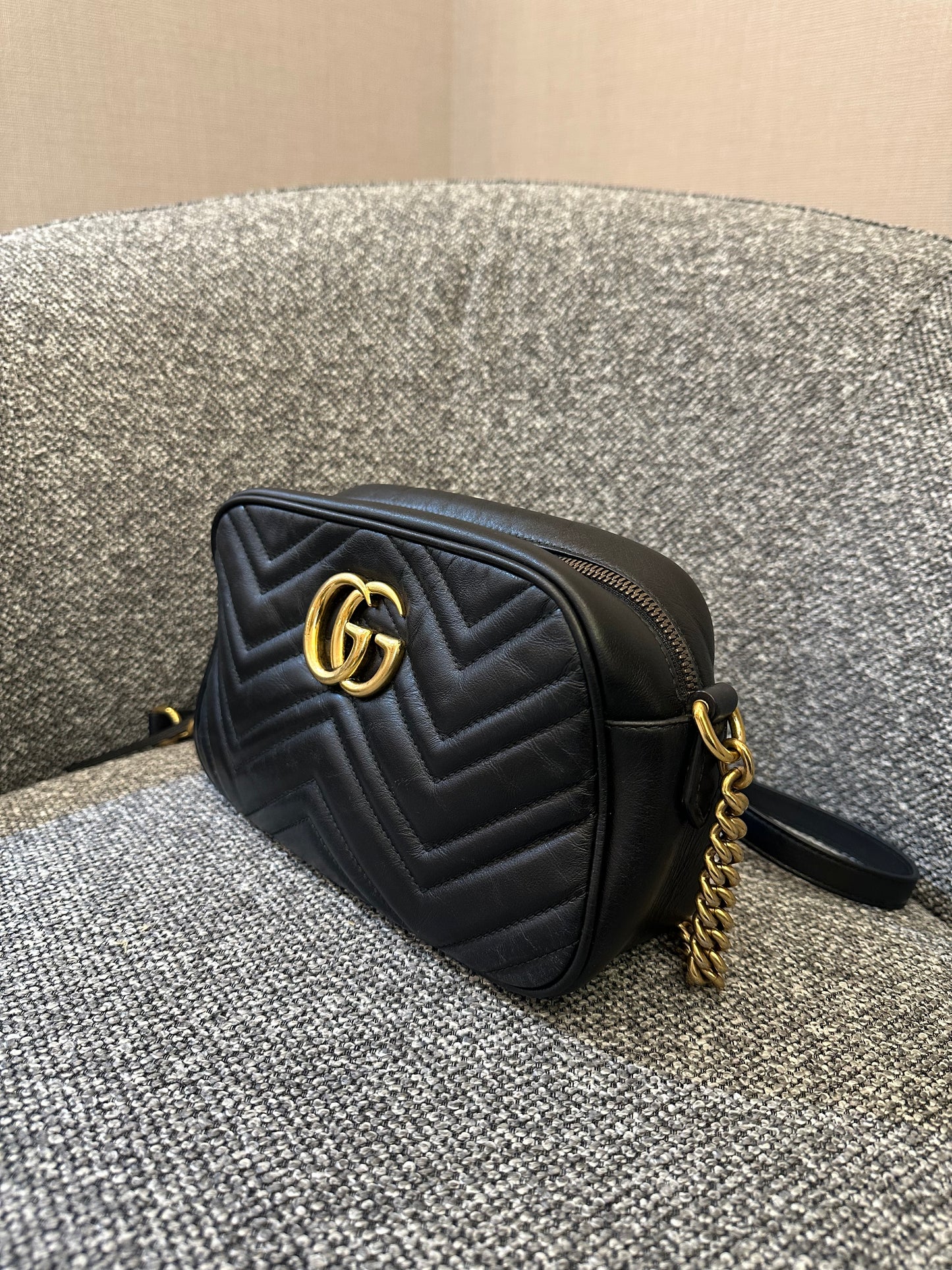 Gucci GG Marmont Camera Bag in Black Matelassé Leather