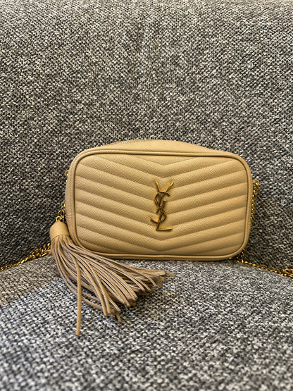 Yves Saint Laurent Mini Lou Camera Bag in Beige Quilted Leather