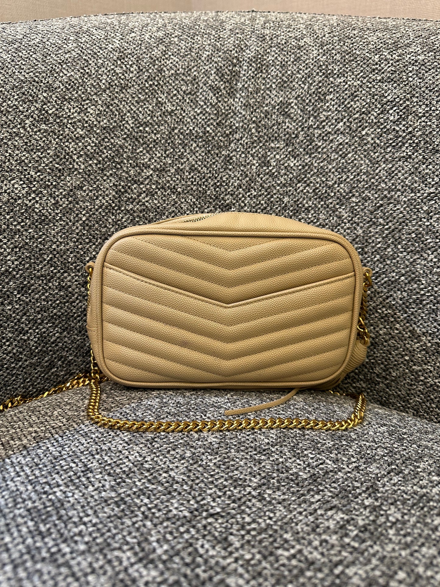 Yves Saint Laurent Mini Lou Camera Bag in Beige Quilted Leather