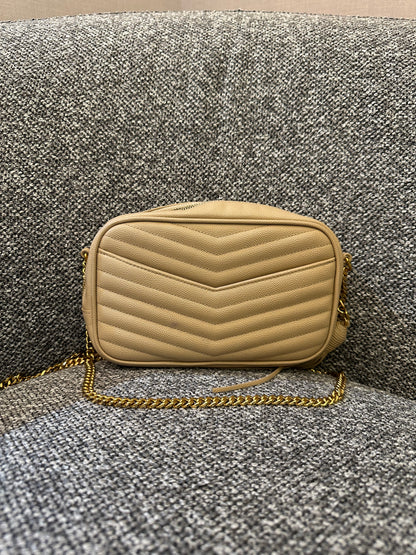 Yves Saint Laurent Mini Lou Camera Bag in Beige Quilted Leather