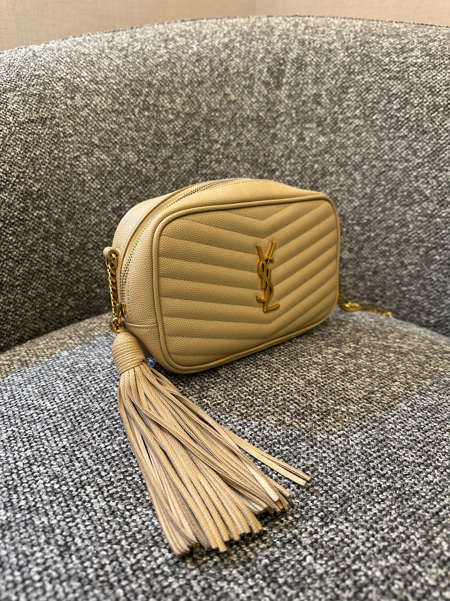 Yves Saint Laurent Mini Lou Camera Bag in Beige Quilted Leather