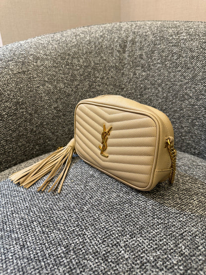 Yves Saint Laurent Mini Lou Camera Bag in Beige Quilted Leather