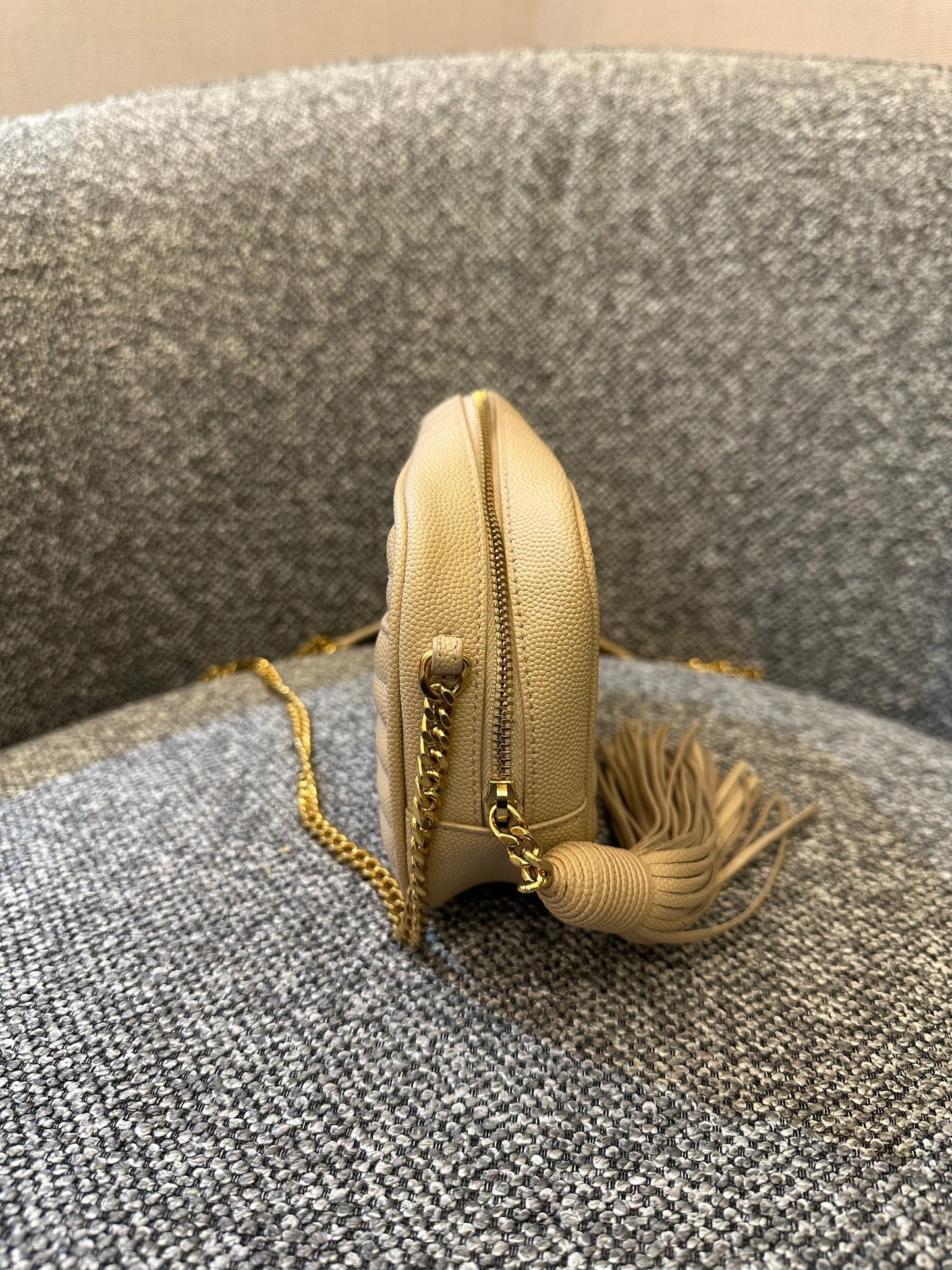 Yves Saint Laurent Mini Lou Camera Bag in Beige Quilted Leather
