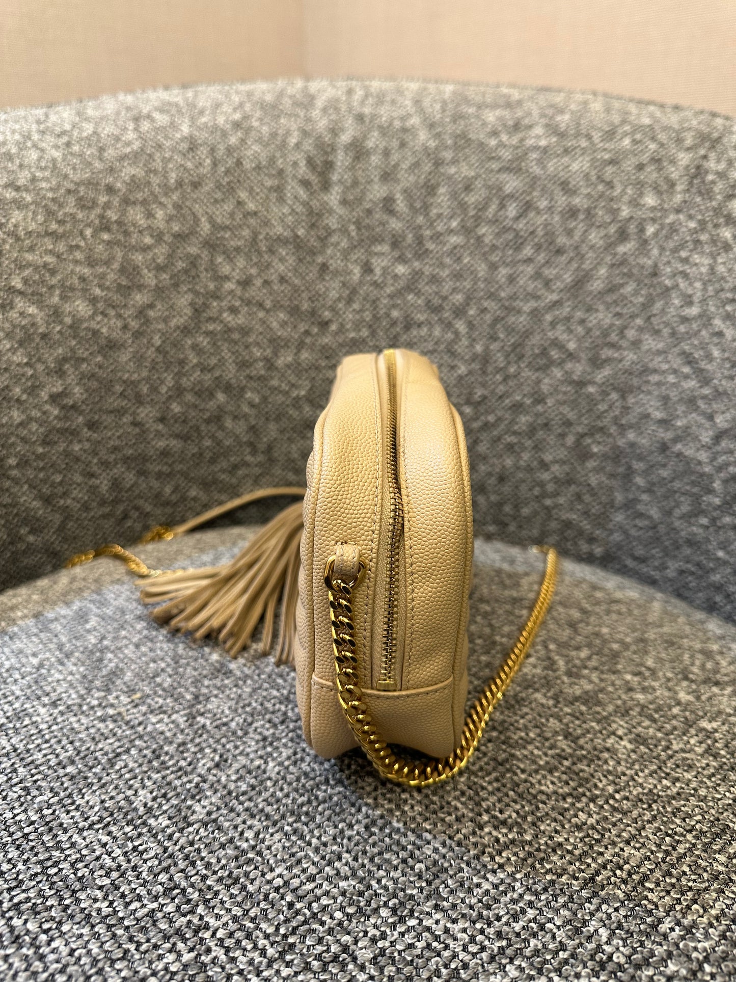 Yves Saint Laurent Mini Lou Camera Bag in Beige Quilted Leather