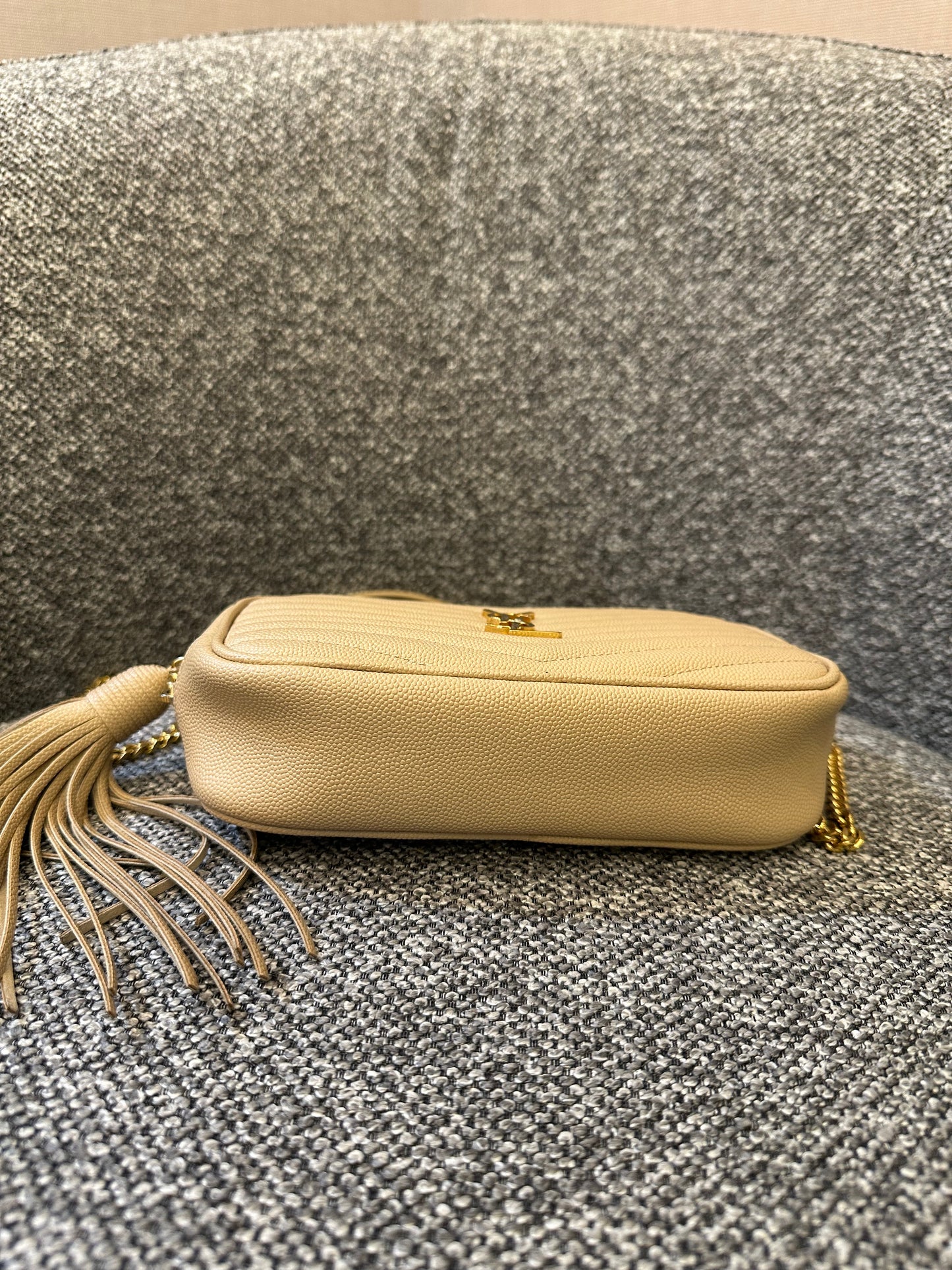 Yves Saint Laurent Mini Lou Camera Bag in Beige Quilted Leather