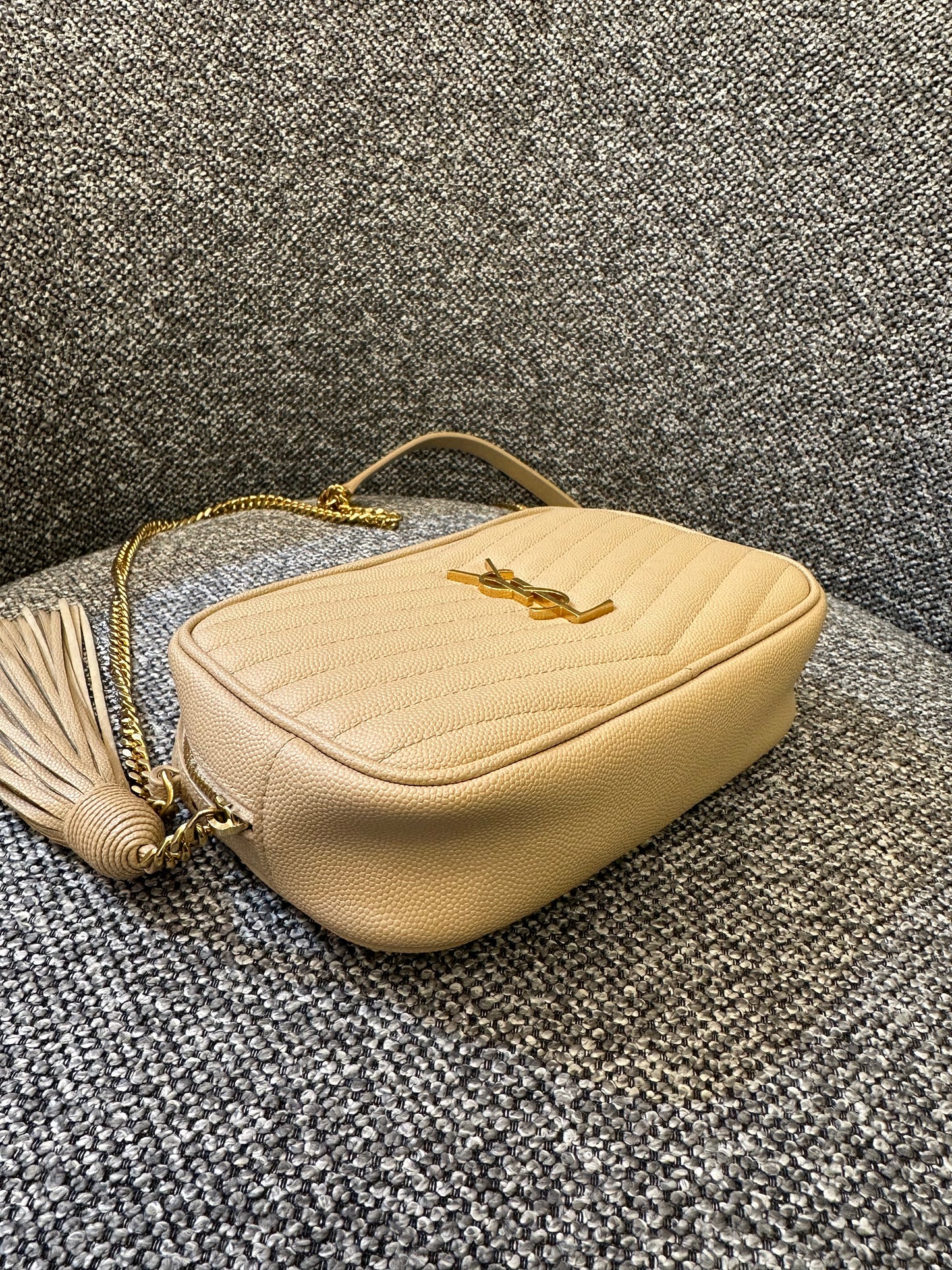 Yves Saint Laurent Mini Lou Camera Bag in Beige Quilted Leather