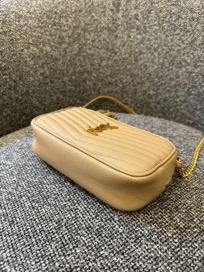 Yves Saint Laurent Mini Lou Camera Bag in Beige Quilted Leather