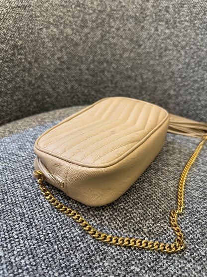 Yves Saint Laurent Mini Lou Camera Bag in Beige Quilted Leather