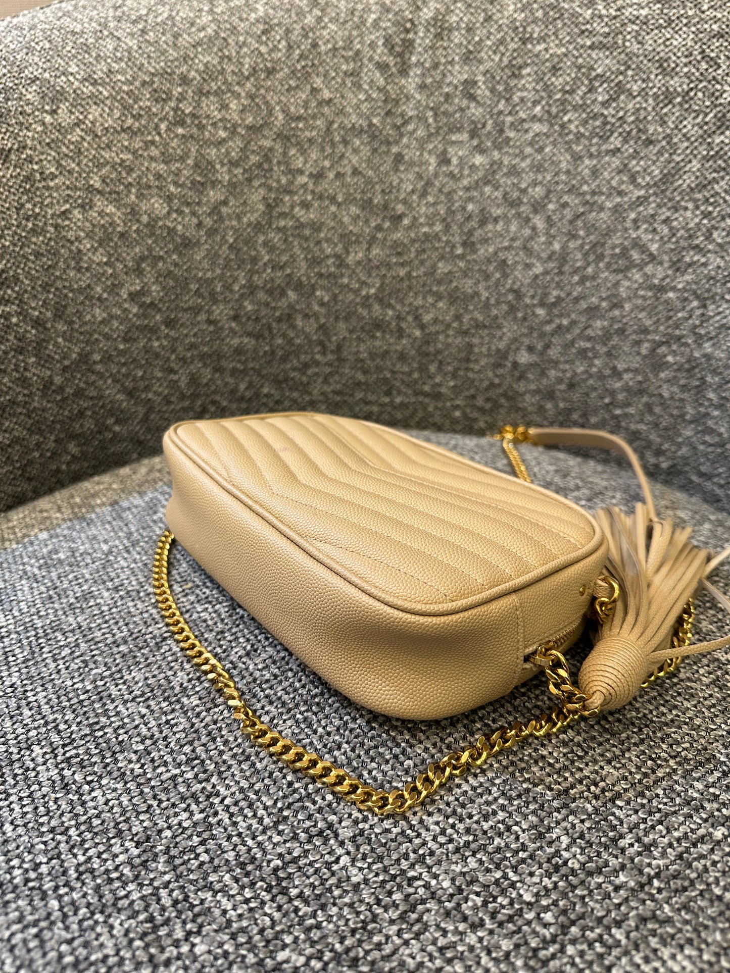 Yves Saint Laurent Mini Lou Camera Bag in Beige Quilted Leather