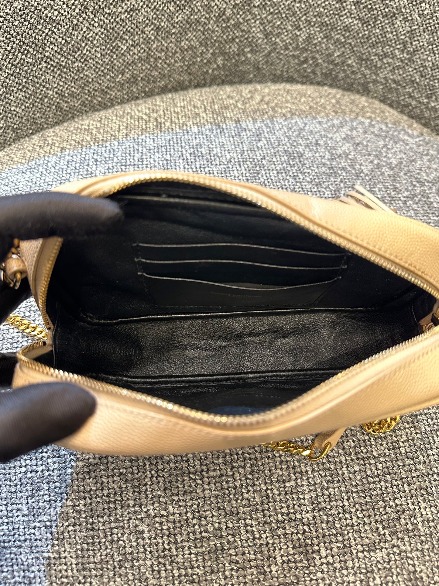Yves Saint Laurent Mini Lou Camera Bag in Beige Quilted Leather