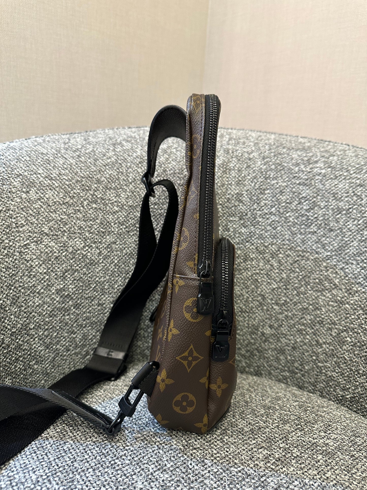 Louis Vuitton Avenue Sling Bag in Monogram Macassar Canvas with Black Leather Trim