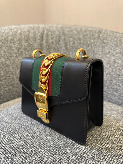 Gucci Sylvie Small Shoulder Bag in Black Smooth Leather