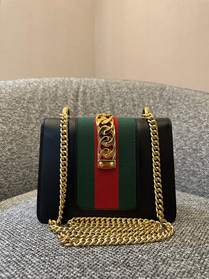 Gucci Sylvie Small Shoulder Bag in Black Smooth Leather