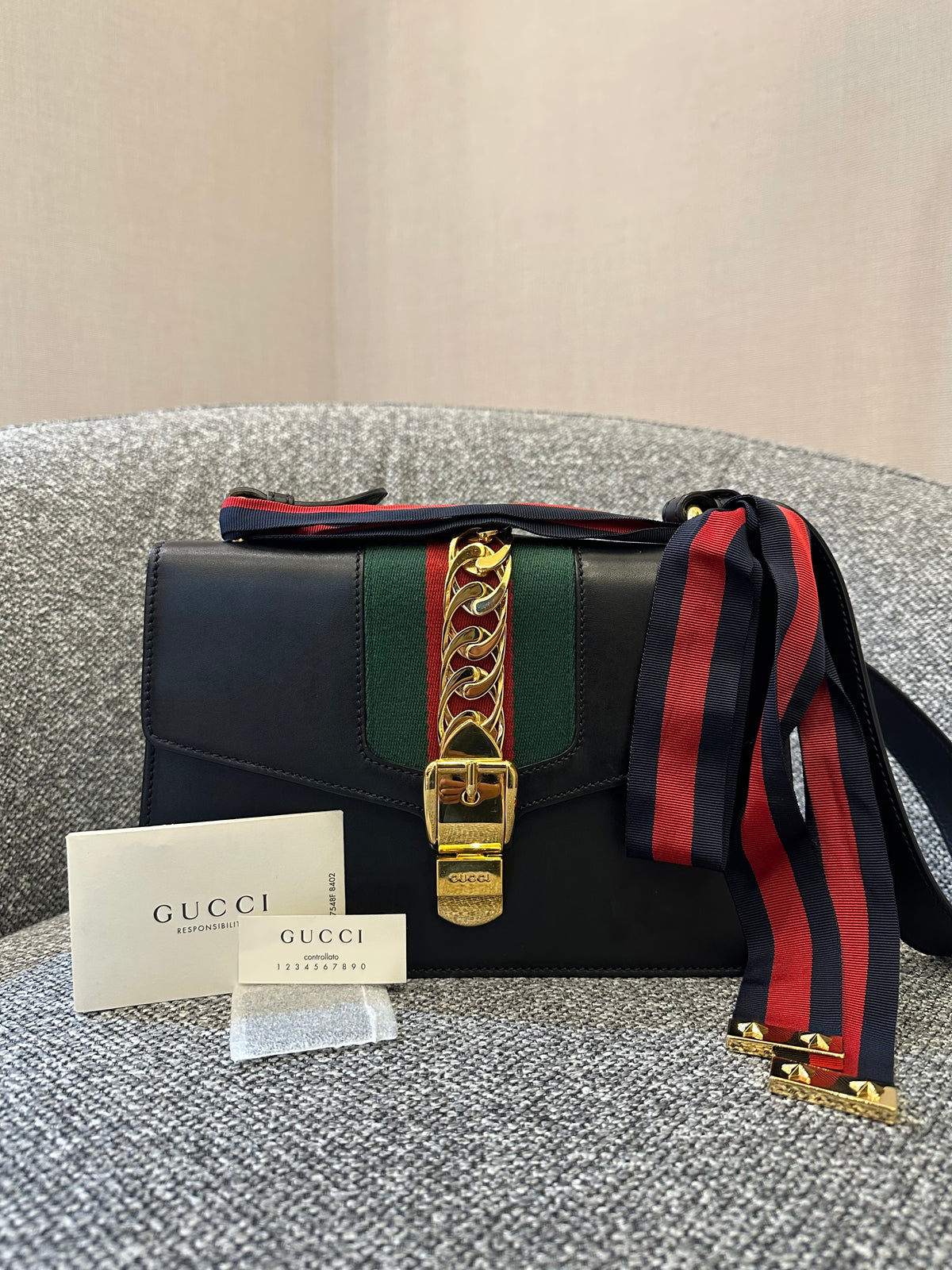 Gucci Sylvie Medium Shoulder Bag in Black Smooth Leather