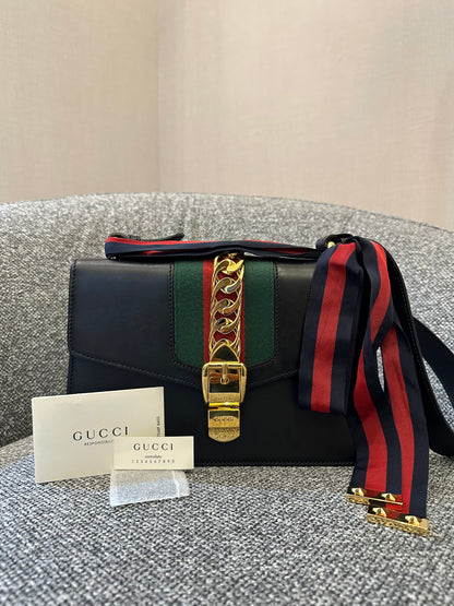 Gucci Sylvie Medium Shoulder Bag in Black Smooth Leather