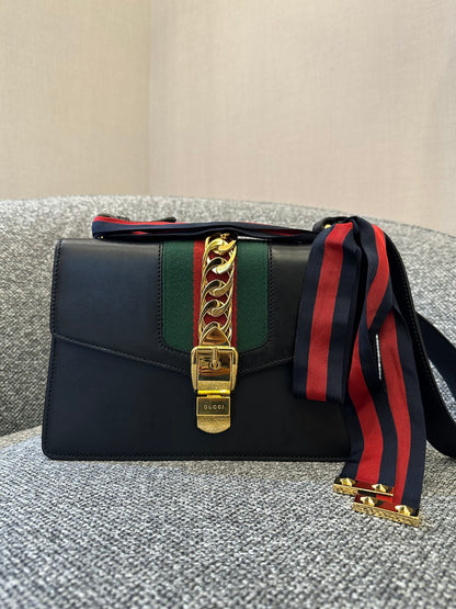 Gucci Sylvie Medium Shoulder Bag in Black Smooth Leather