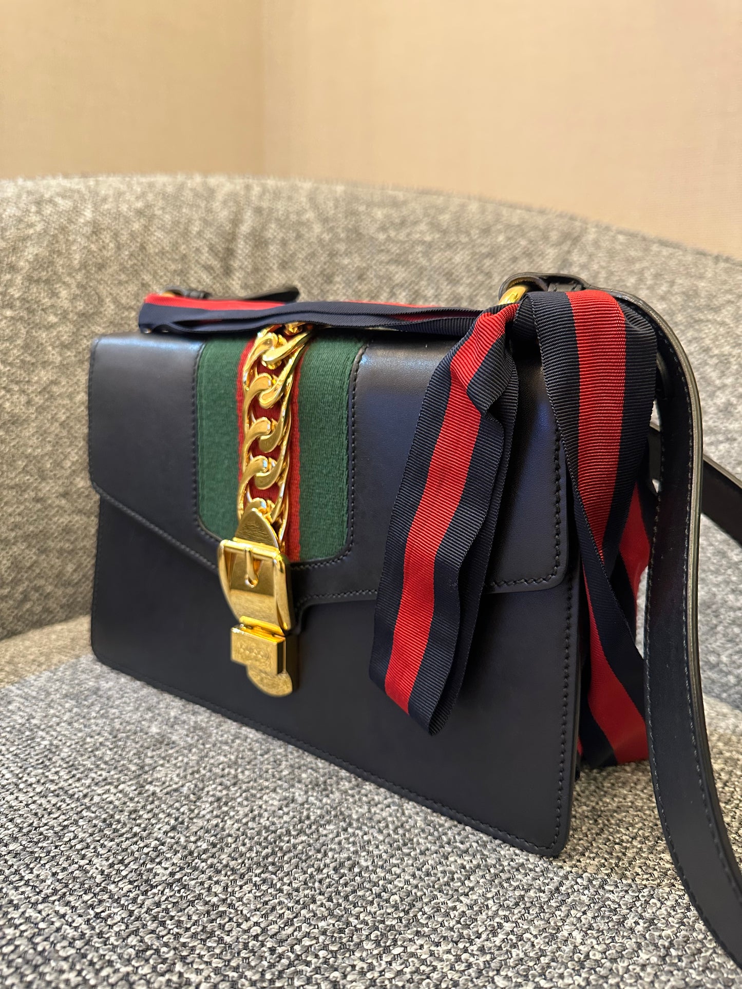 Gucci Sylvie Medium Shoulder Bag in Black Smooth Leather
