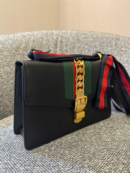 Gucci Sylvie Medium Shoulder Bag in Black Smooth Leather
