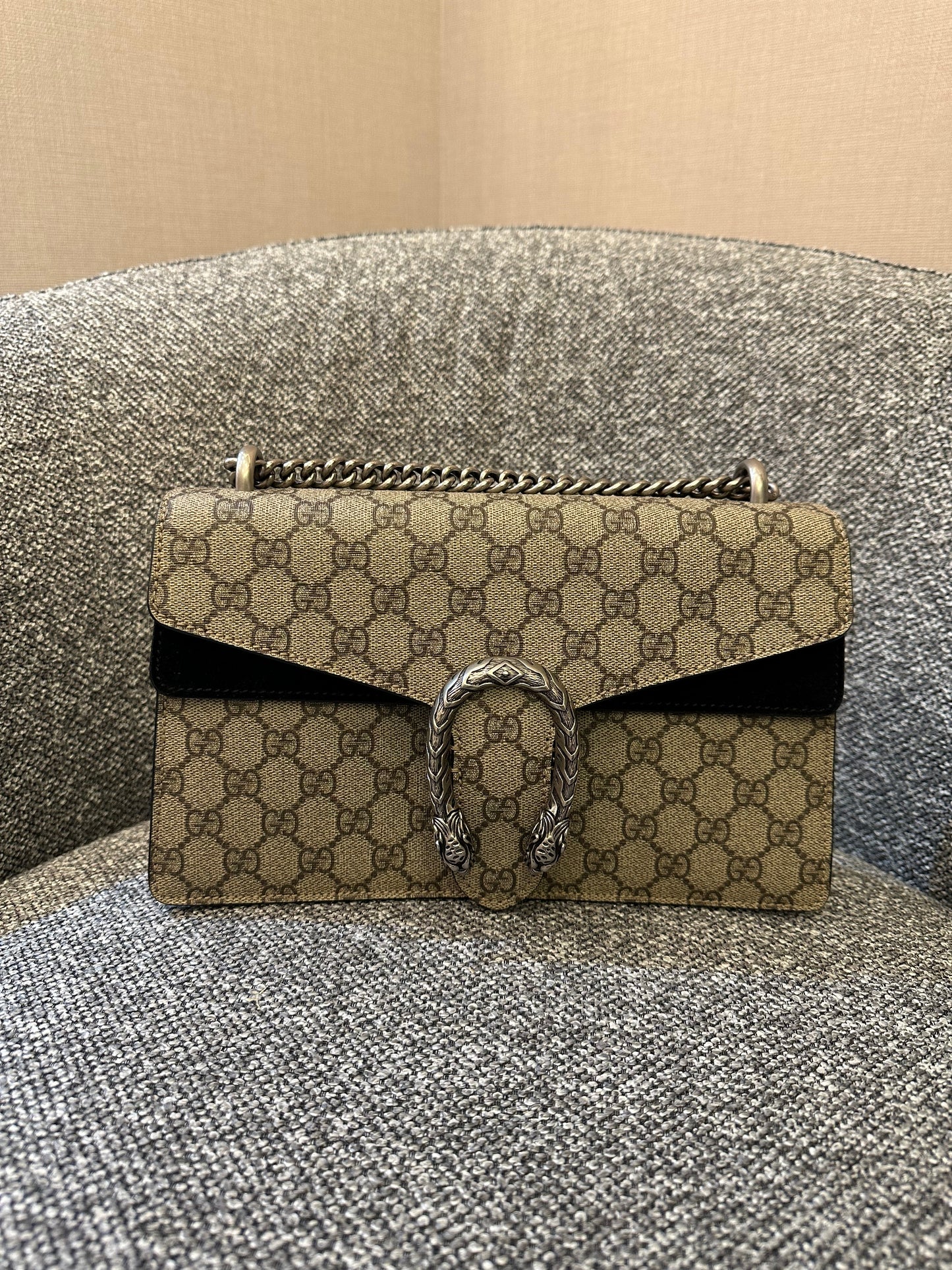 Gucci Dionysus Shoulder Bag in GG Supreme Canvas with Black Suede