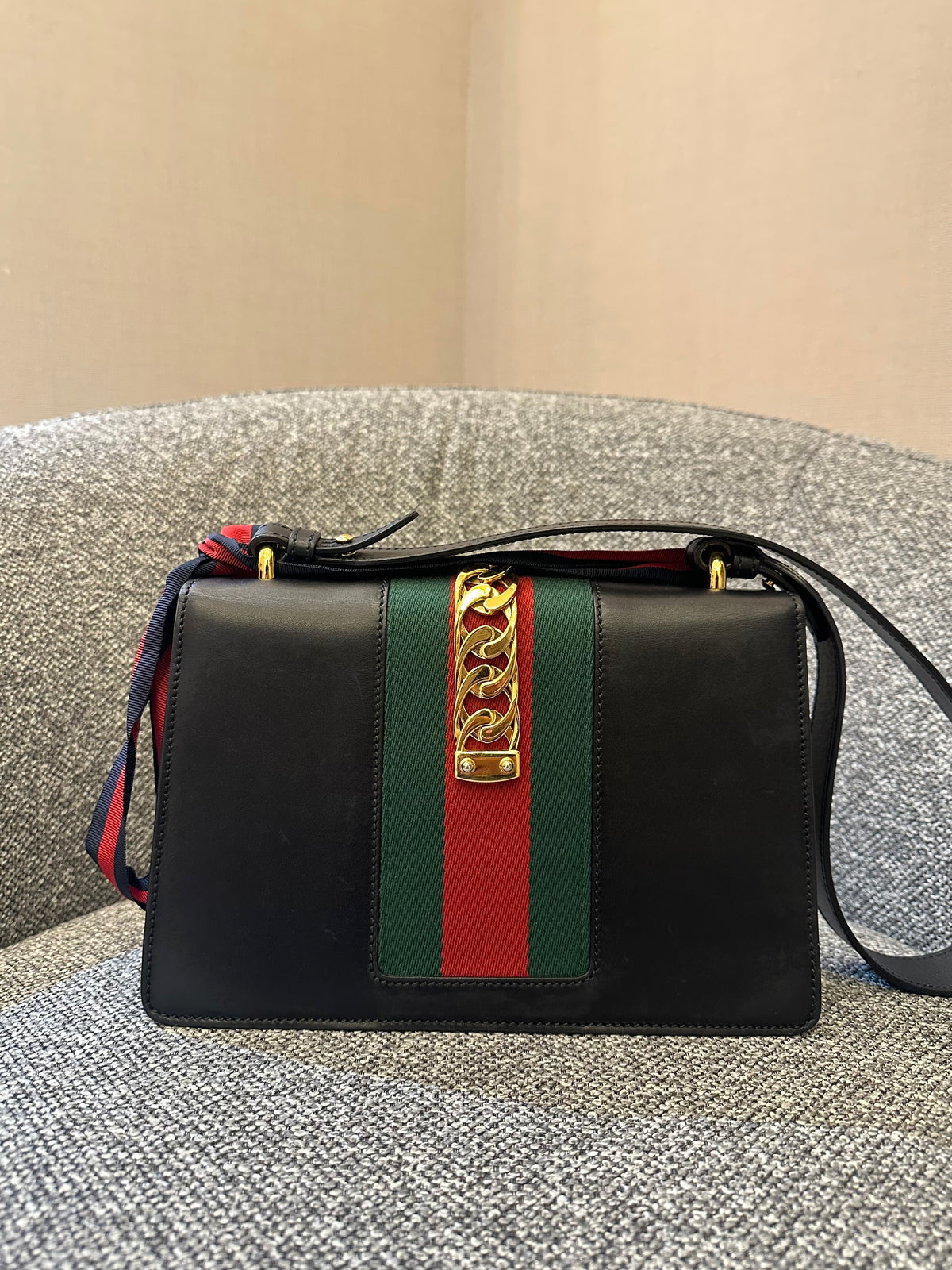 Gucci Sylvie Medium Shoulder Bag in Black Smooth Leather