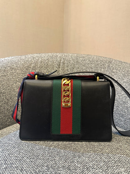 Gucci Sylvie Medium Shoulder Bag in Black Smooth Leather