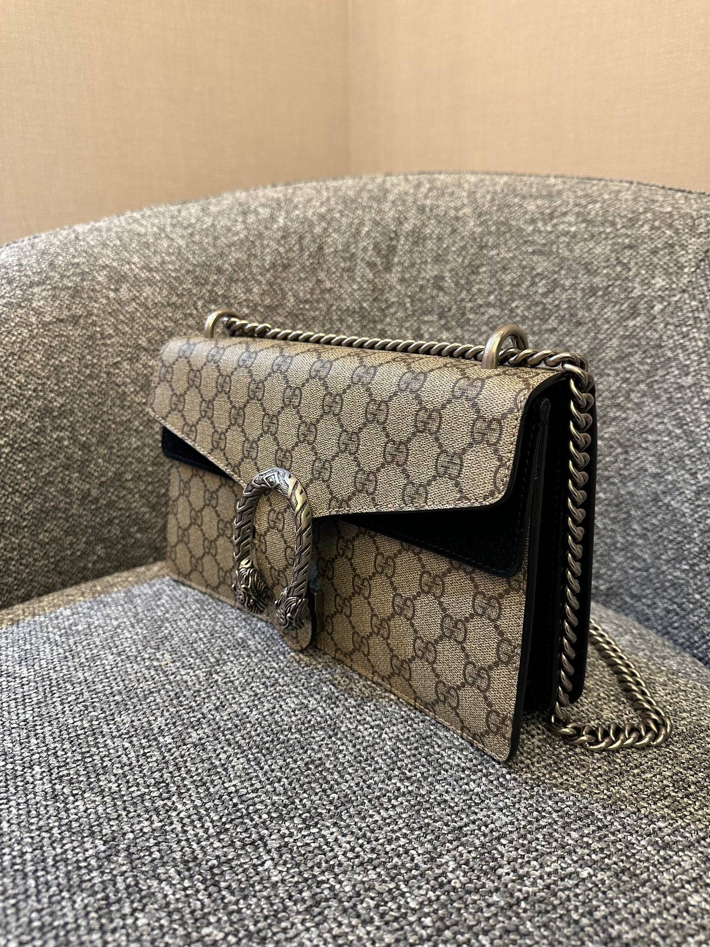 Gucci Dionysus Shoulder Bag in GG Supreme Canvas with Black Suede