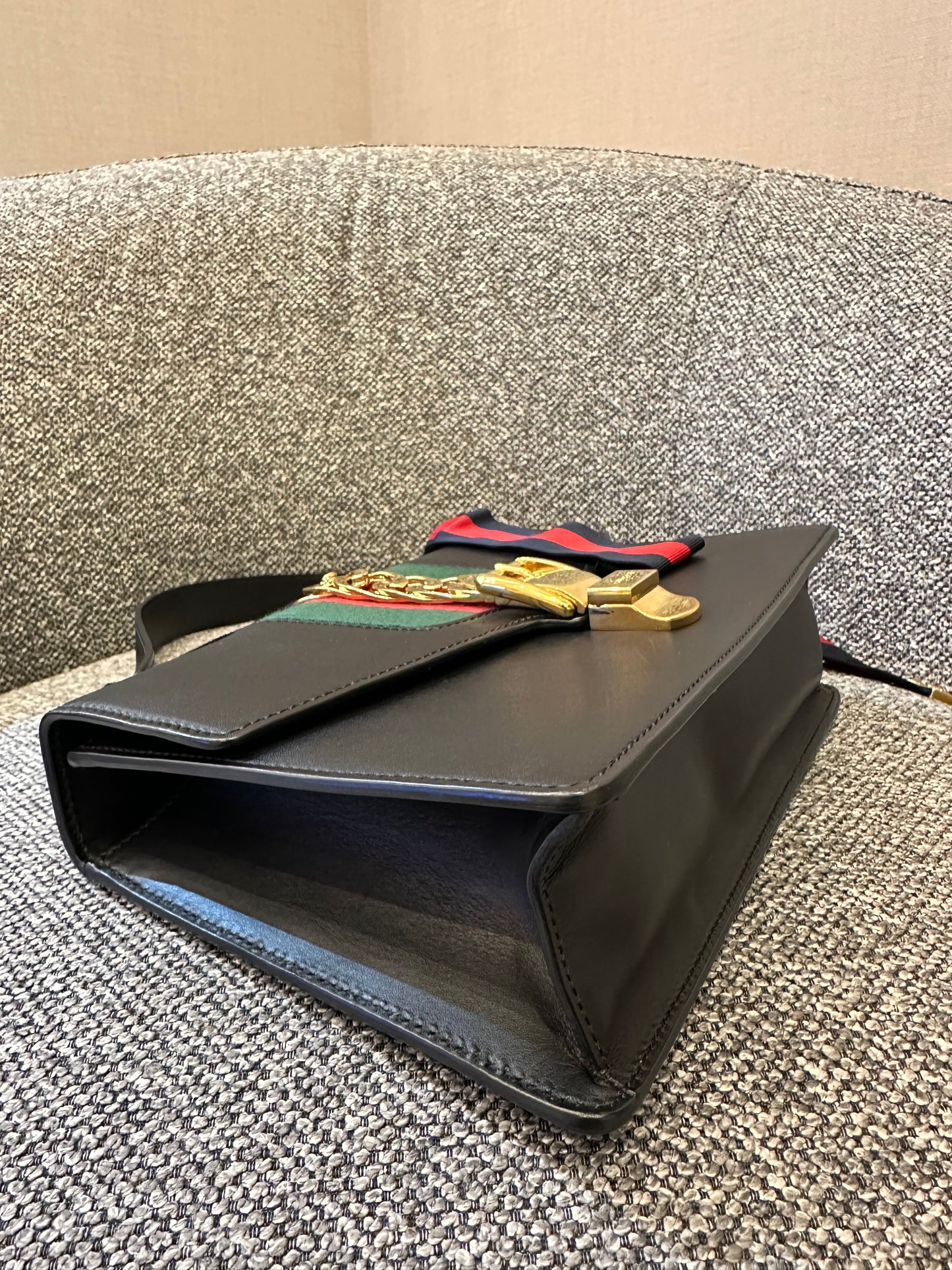 Gucci Sylvie Medium Shoulder Bag in Black Smooth Leather