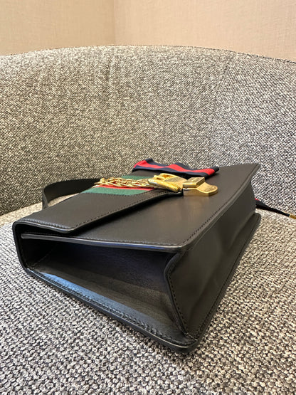 Gucci Sylvie Medium Shoulder Bag in Black Smooth Leather