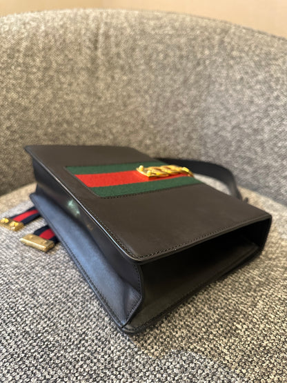 Gucci Sylvie Medium Shoulder Bag in Black Smooth Leather