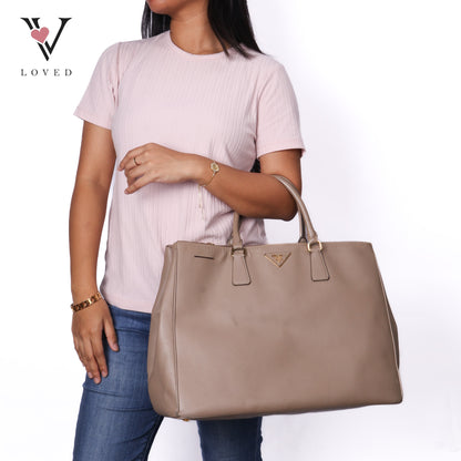 Beige Saffiano Lux Leather Double Zip Tote