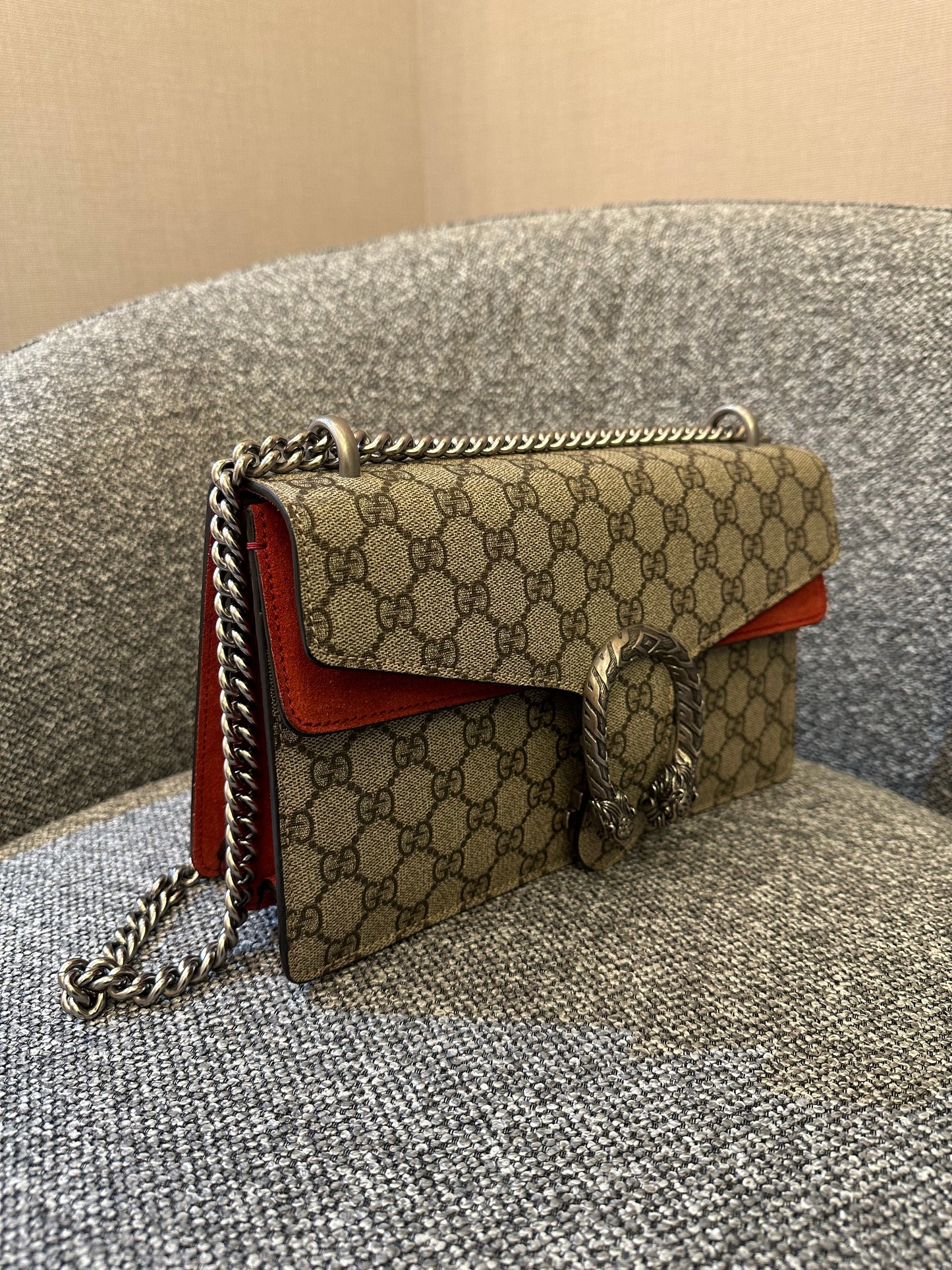 Gucci Dionysus Shoulder Bag in GG Supreme Canvas with Red Suede