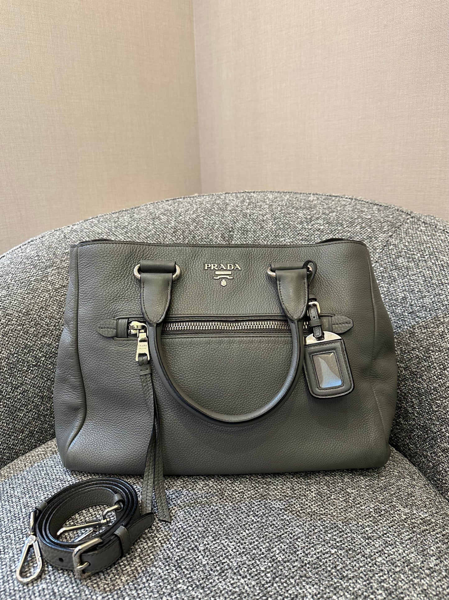 Vitello Phenix Leather Convertible Bag in Gray