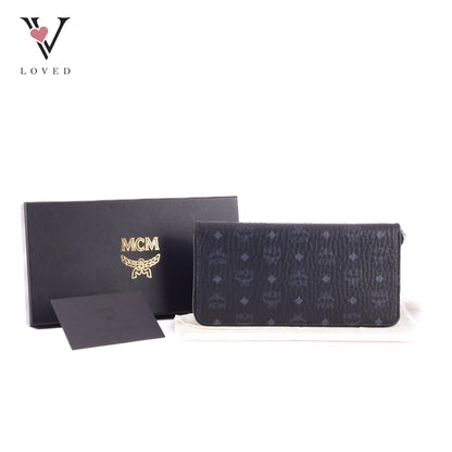 MCM Visetos Large Zip Around Wallet in Black Coated Canvas