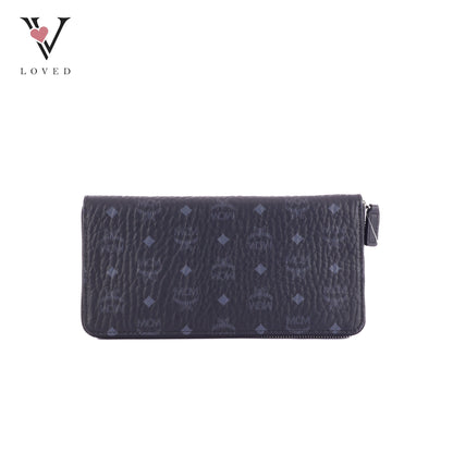 MCM Visetos Large Zip Around Wallet in Black Coated Canvas