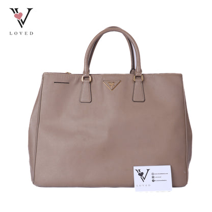 Beige Saffiano Lux Leather Double Zip Tote
