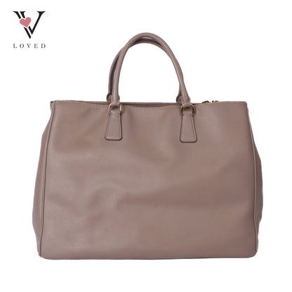Beige Saffiano Lux Leather Double Zip Tote