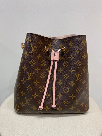 Louis Vuitton NeoNoe Bucket Bag in Monogram Canvas with Pink Coquelicots Leather Trim