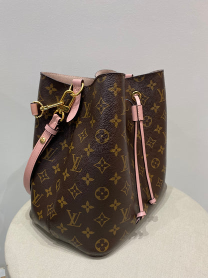 Louis Vuitton NeoNoe Bucket Bag in Monogram Canvas with Pink Coquelicots Leather Trim