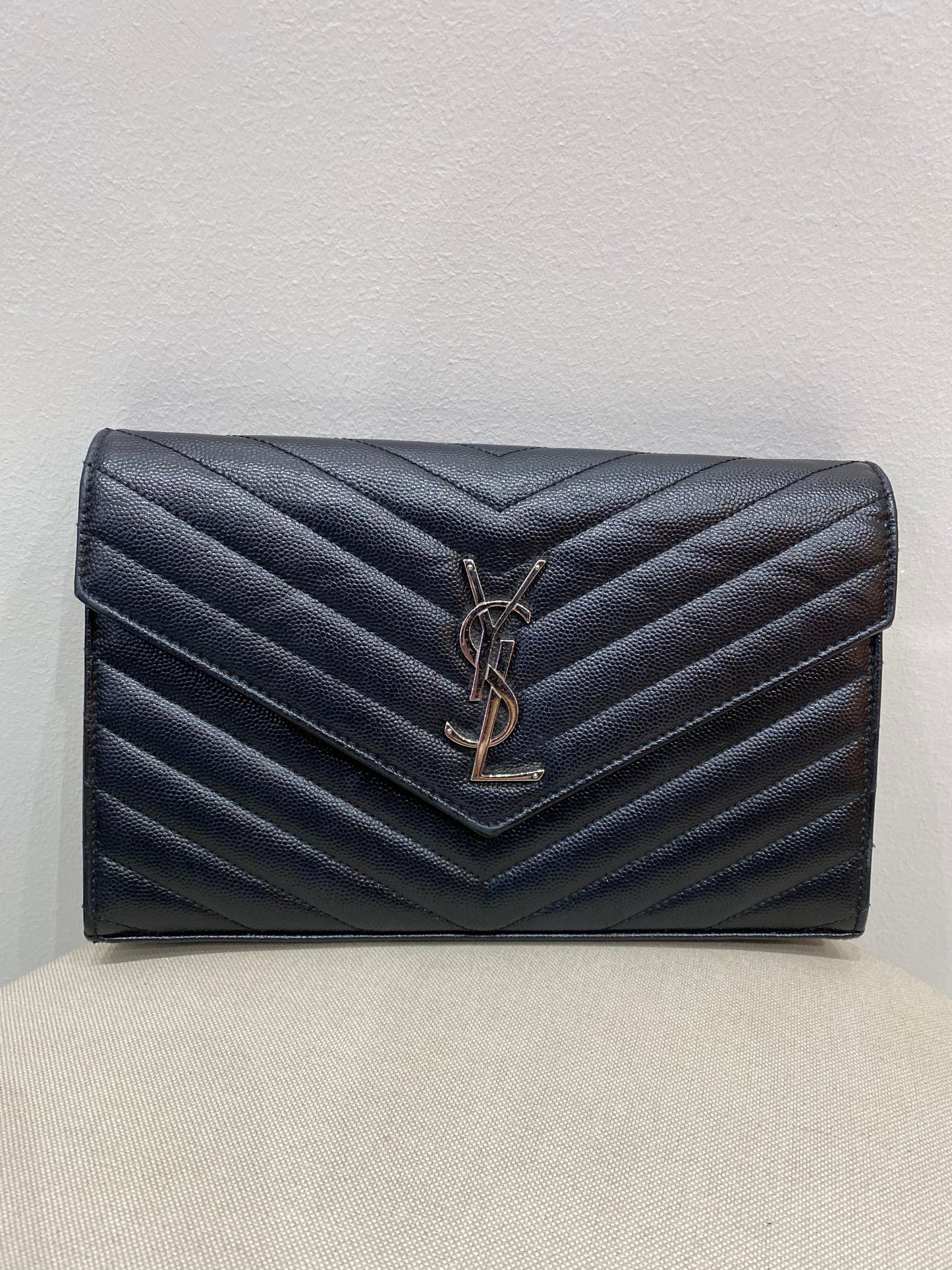 Yves Saint Laurent Cassandre Wallet on Chain in Black Chevron Quilted Leather SHW