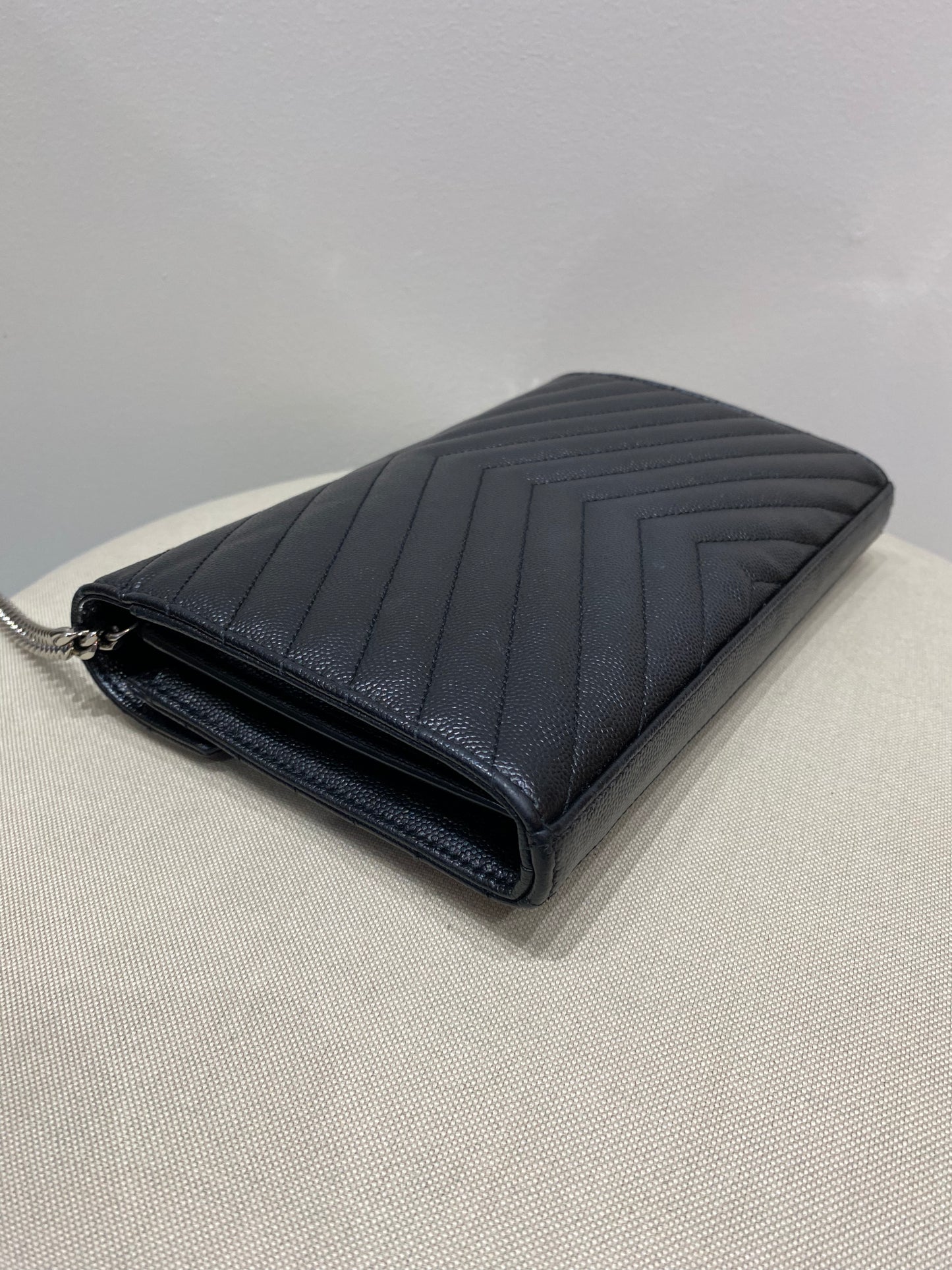 Yves Saint Laurent Cassandre Wallet on Chain in Black Chevron Quilted Leather SHW