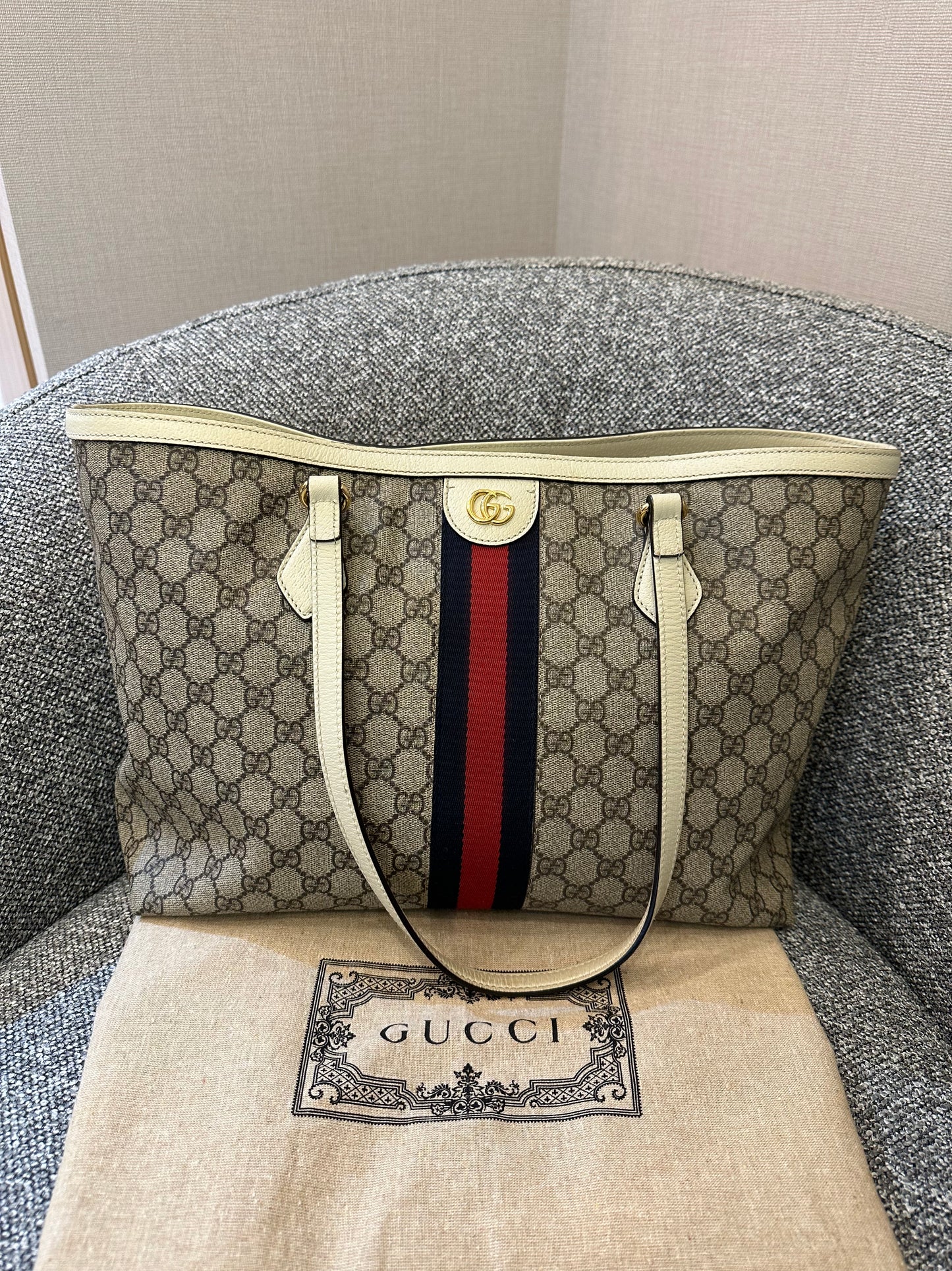 Gucci Ophidia GG Tote Bag in Beige and Ebony GG Supreme Canvas with Ivory Leather Trim