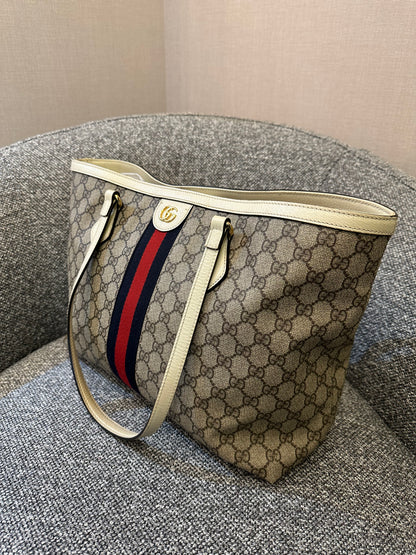 Gucci Ophidia GG Tote Bag in Beige and Ebony GG Supreme Canvas with Ivory Leather Trim