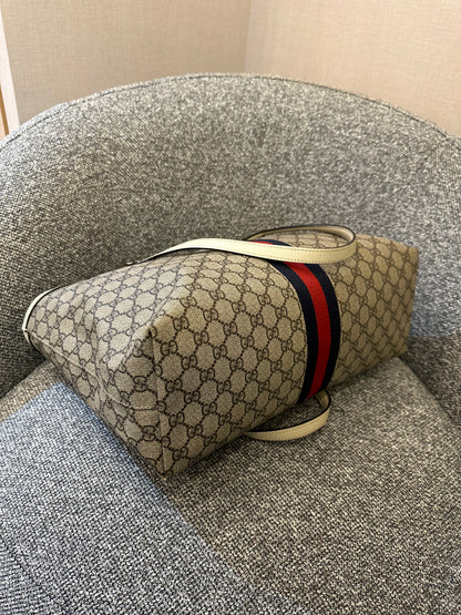Gucci Ophidia GG Tote Bag in Beige and Ebony GG Supreme Canvas with Ivory Leather Trim