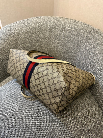 Gucci Ophidia GG Tote Bag in Beige and Ebony GG Supreme Canvas with Ivory Leather Trim