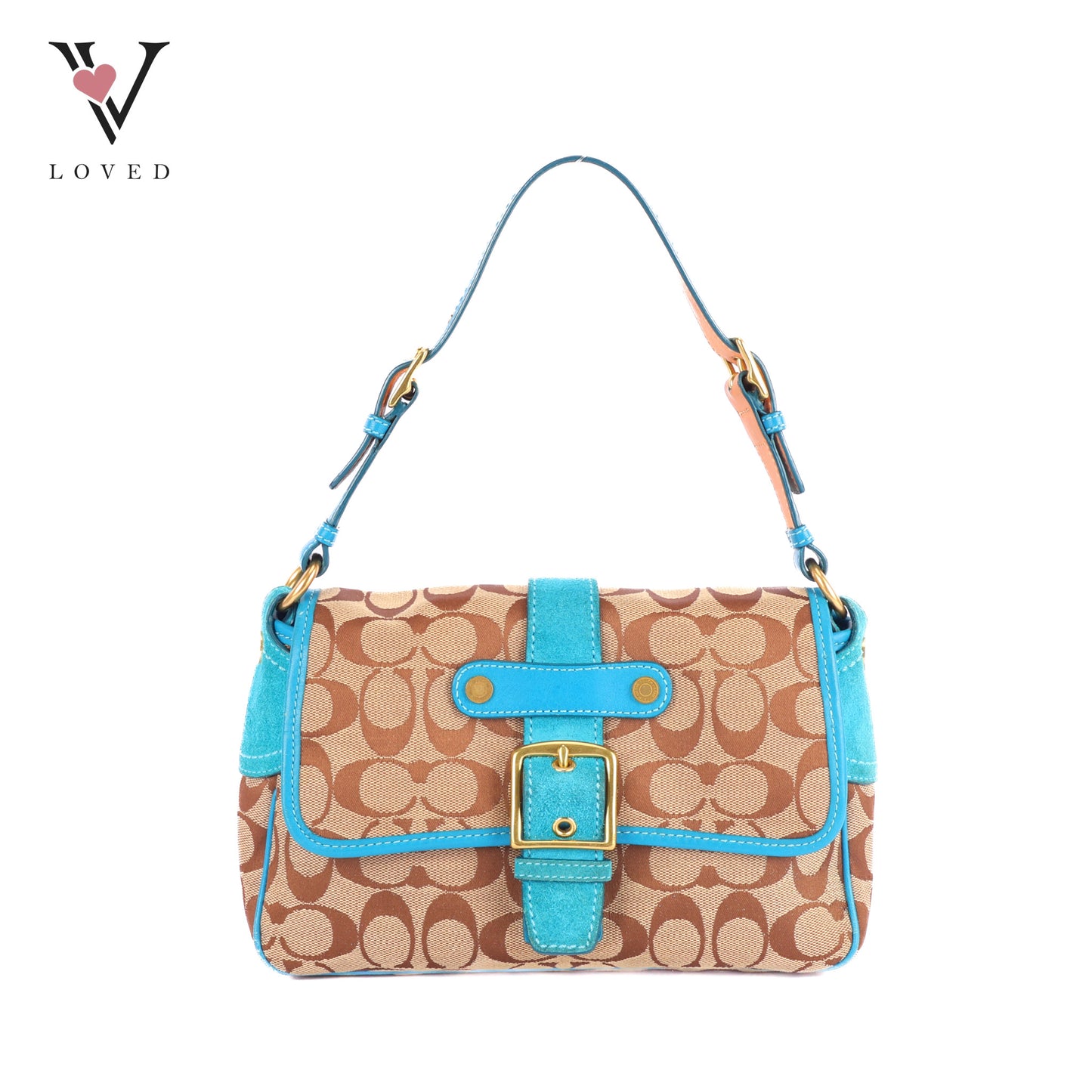 Coach Signature Shoulder Bag With Teal Suede Trim