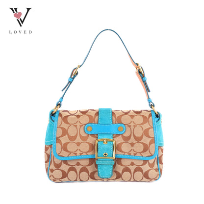 Coach Signature Shoulder Bag With Teal Suede Trim