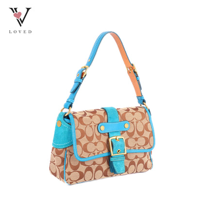 Coach Signature Shoulder Bag With Teal Suede Trim