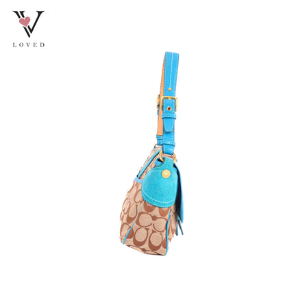 Coach Signature Shoulder Bag With Teal Suede Trim