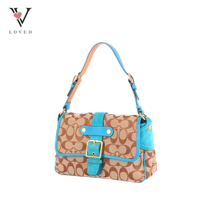 Coach Signature Shoulder Bag With Teal Suede Trim